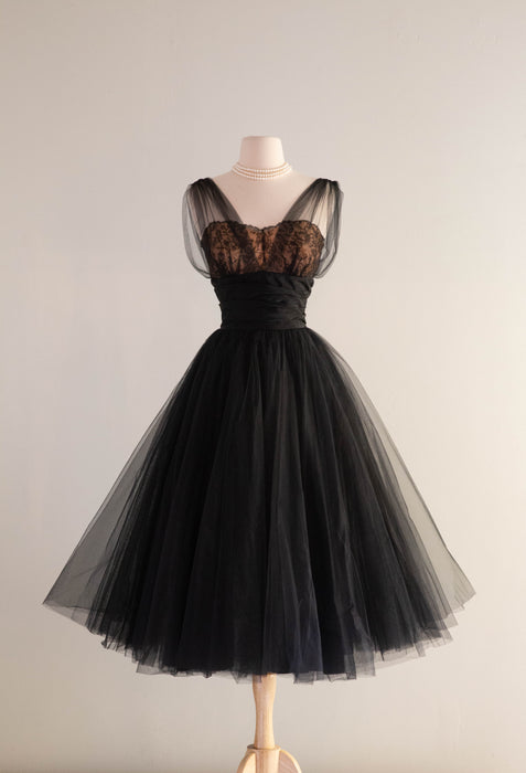 Stunning 1950's Black Illusion Lace Cocktail Party Dress By de Michel Originals / Small