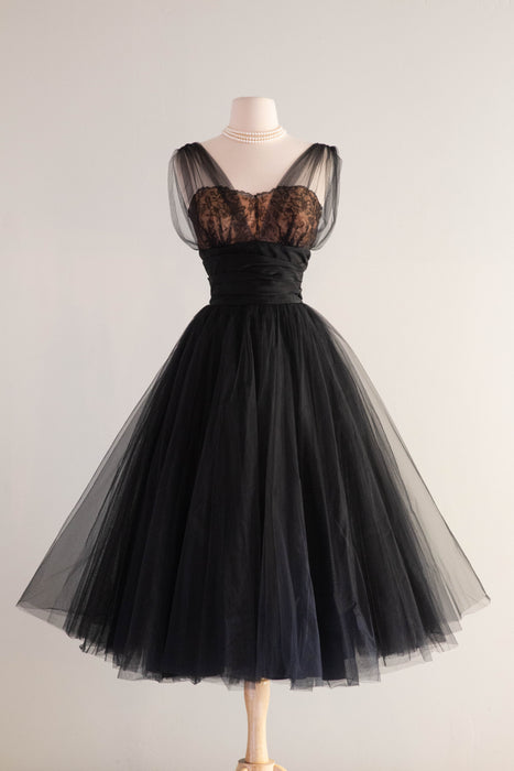 Stunning 1950's Black Illusion Lace Cocktail Party Dress By de Michel Originals / Small