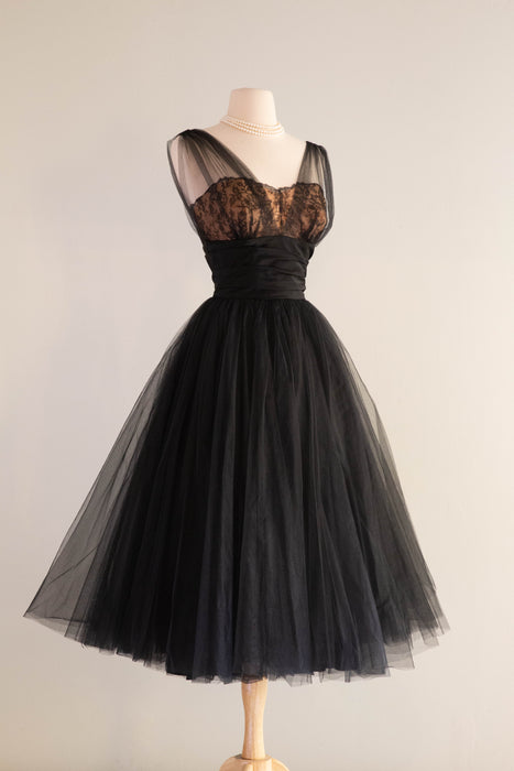 Stunning 1950's Black Illusion Lace Cocktail Party Dress By de Michel Originals / Small