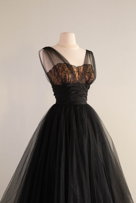 Stunning 1950's Black Illusion Lace Cocktail Party Dress By de Michel Originals / Small