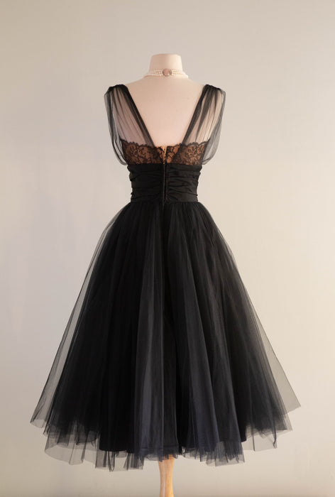 Stunning 1950's Black Illusion Lace Cocktail Party Dress By de Michel Originals / Small