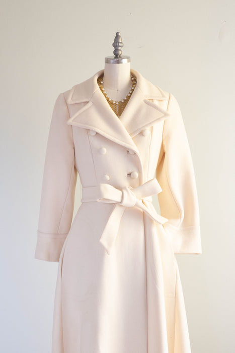 Fabulous 1970's Ivory Wool Trench Style Maxi Coat / Small