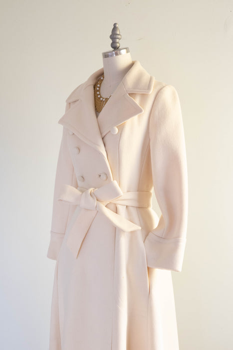 Fabulous 1970's Ivory Wool Trench Style Maxi Coat / Small