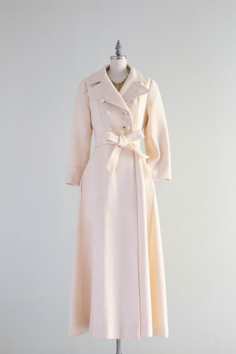 Fabulous 1970's Ivory Wool Trench Style Maxi Coat / Small