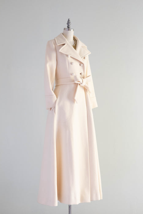 Fabulous 1970's Ivory Wool Trench Style Maxi Coat / Small