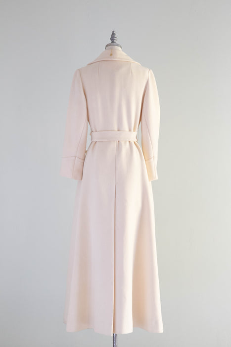 Fabulous 1970's Ivory Wool Trench Style Maxi Coat / Small