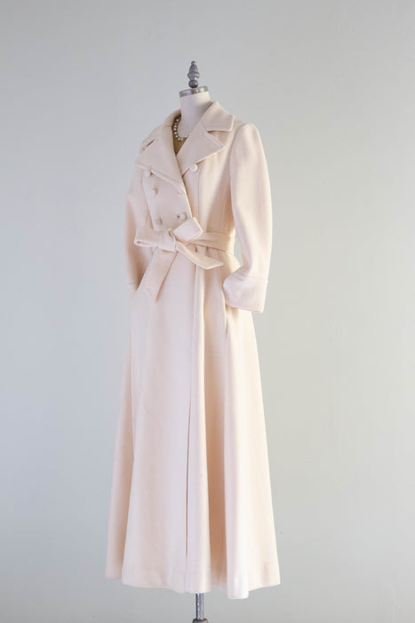 Fabulous 1970's Ivory Wool Trench Style Maxi Coat / Small