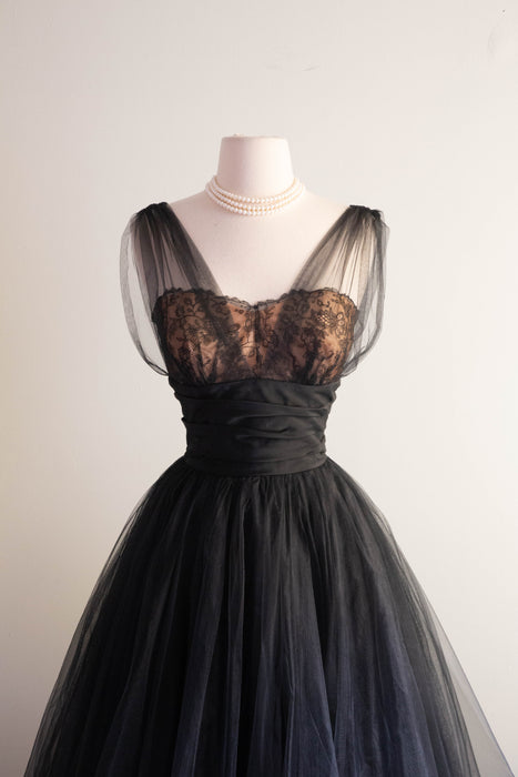 Stunning 1950's Black Illusion Lace Cocktail Party Dress By de Michel Originals / Small