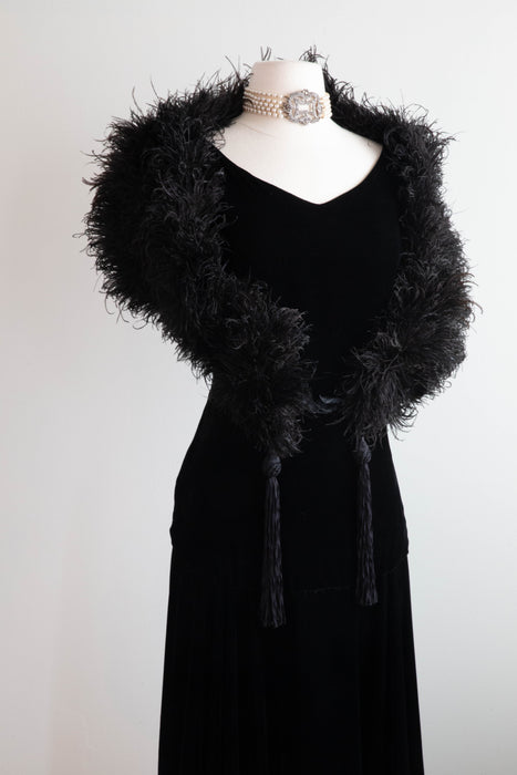 Rare 1920's Black Ostrich Feather Wrap With Tassels