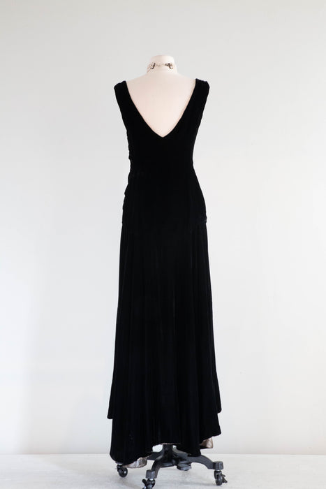 Sublime 1920's Black Silk Velvet *Silver Lining* Evening Dress / SM