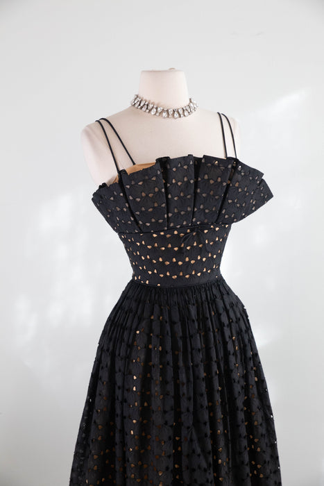 Vintage 1950's Black Eyelet Illusion Cotton Party Dress by Lou-Ette / XS