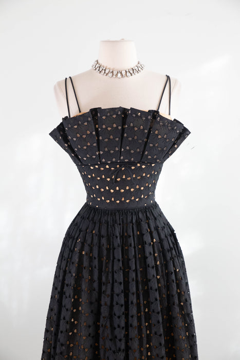 Vintage 1950's Black Eyelet Illusion Cotton Party Dress by Lou-Ette / XS