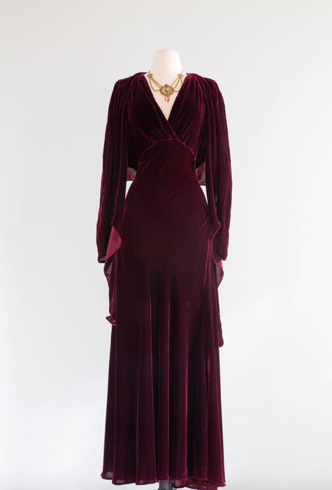 Stunning 1930's Red Wine Silk Velvet Evening Gown & Jacket / ML