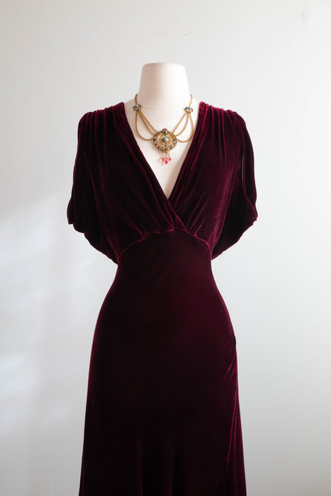 Stunning 1930's Red Wine Silk Velvet Evening Gown & Jacket / ML