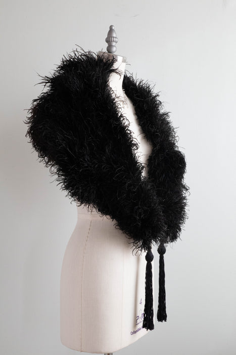 Rare 1920's Black Ostrich Feather Wrap With Tassels