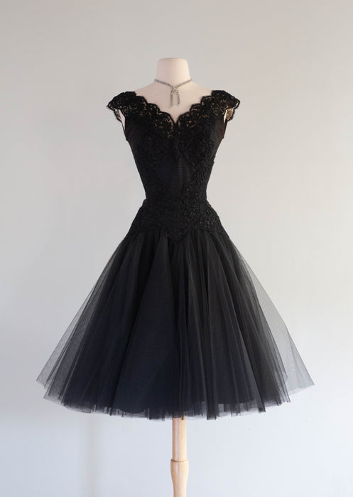 Exquisite "Original By Rudolf" 1950's Black French Lace & Tulle Party Dress / Small