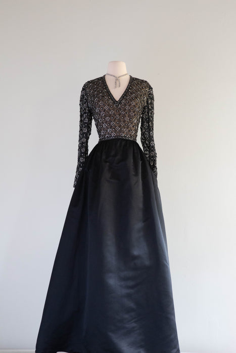 Elegant Vintage Designer Black Silk Beaded Evening Gown with Pockets! / Medium