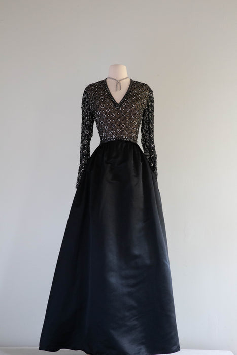 Elegant Vintage Designer Black Silk Beaded Evening Gown with Pockets! / Medium