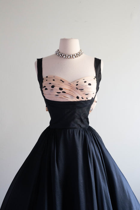 Iconic 1950's Oleg Cassini Black & Pink Silk Shelf Bust Party Dress / Small