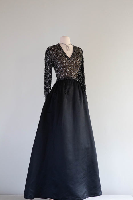 Elegant Vintage Designer Black Silk Beaded Evening Gown with Pockets! / Medium