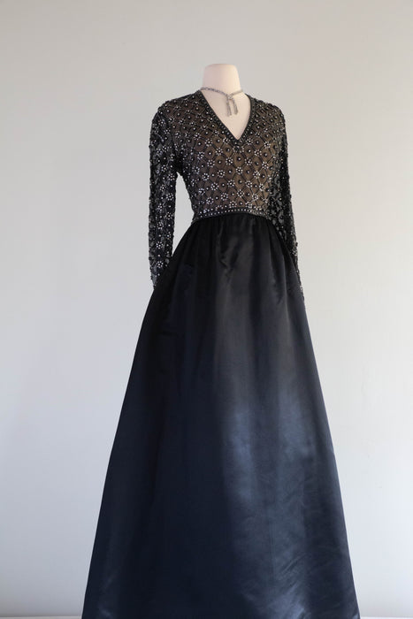 Elegant Vintage Designer Black Silk Beaded Evening Gown with Pockets! / Medium