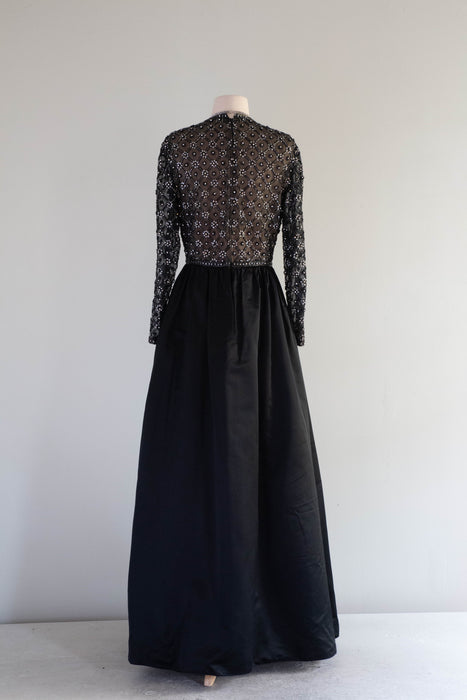 Elegant Vintage Designer Black Silk Beaded Evening Gown with Pockets! / Medium