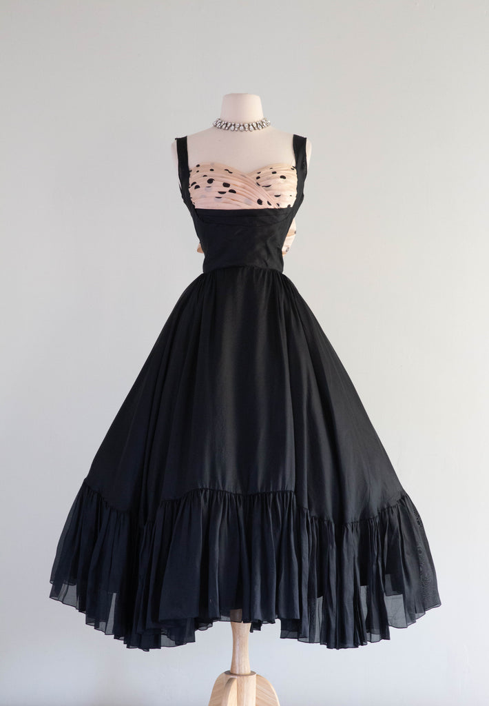 Iconic 1950's Oleg Cassini Black & Pink Silk Shelf Bust Party
