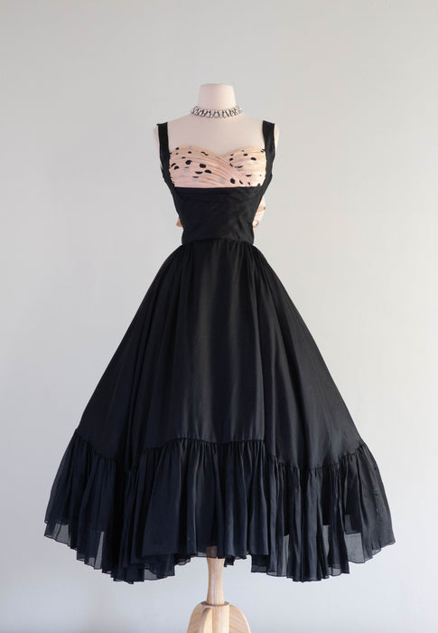 Iconic 1950's Oleg Cassini Black & Pink Silk Shelf Bust Party Dress / Small