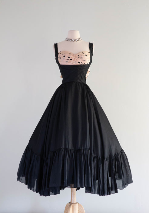 Iconic 1950's Oleg Cassini Black & Pink Silk Shelf Bust Party Dress / Small