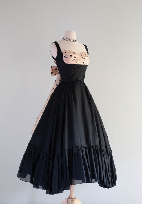 Iconic 1950's Oleg Cassini Black & Pink Silk Shelf Bust Party Dress / Small