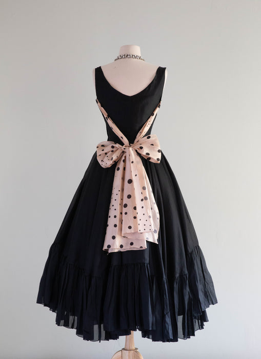 Iconic 1950's Oleg Cassini Black & Pink Silk Shelf Bust Party Dress / Small