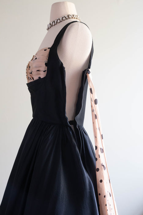 Iconic 1950's Oleg Cassini Black & Pink Silk Shelf Bust Party Dress / Small