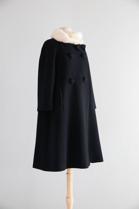 Fabulous 1950's Black Wool Coat With Mink Collar and Bow / ML