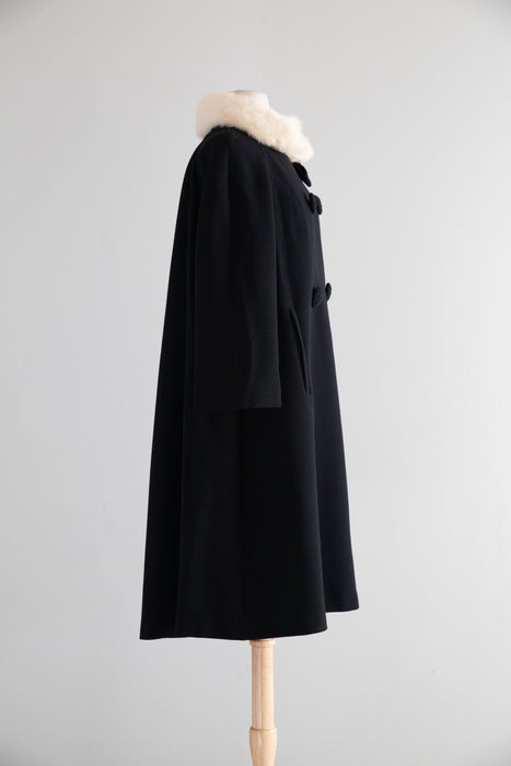 Fabulous 1950's Black Wool Coat With Mink Collar and Bow / ML