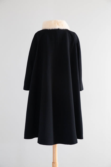 Fabulous 1950's Black Wool Coat With Mink Collar and Bow / ML