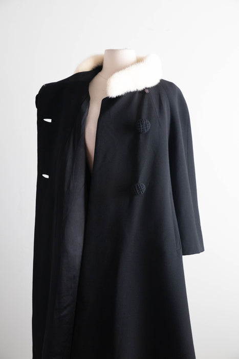 Fabulous 1950's Black Wool Coat With Mink Collar and Bow / ML
