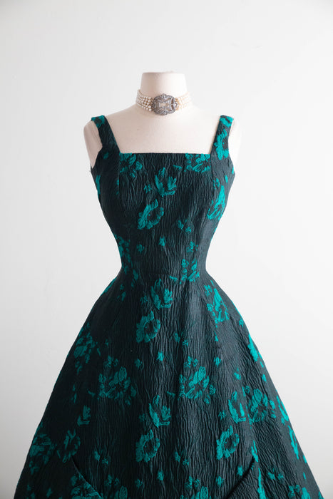 Fabulous 1950s Estevez Black & Emerald Textured Brocade Cocktail Dress / S