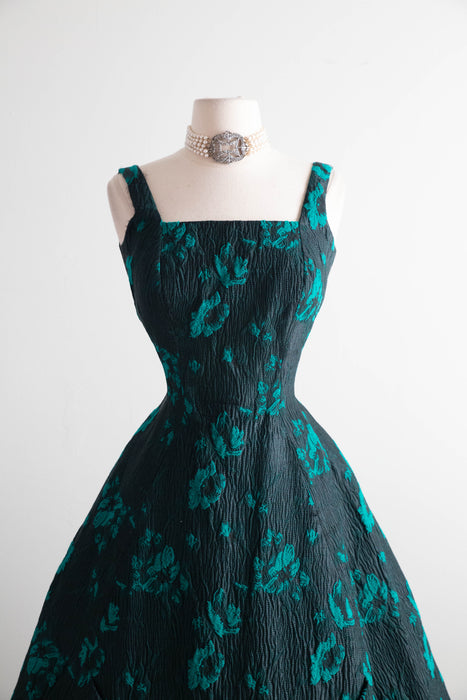 Fabulous 1950s Estevez Black & Emerald Textured Brocade Cocktail Dress / S