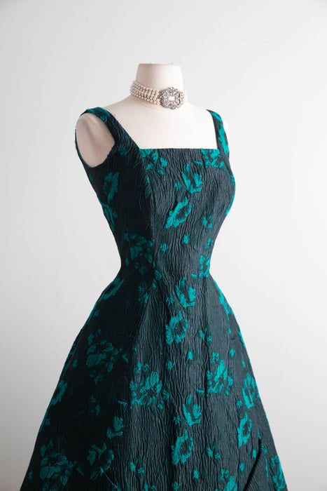 Fabulous 1950s Estevez Black & Emerald Textured Brocade Cocktail Dress / S