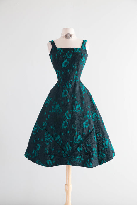 Fabulous 1950s Estevez Black & Emerald Textured Brocade Cocktail Dress / S