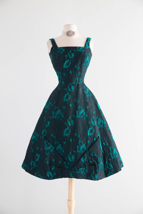 Fabulous 1950s Estevez Black & Emerald Textured Brocade Cocktail Dress / S