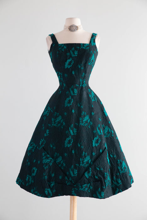 Fabulous 1950s Estevez Black & Emerald Textured Brocade Cocktail Dress / S