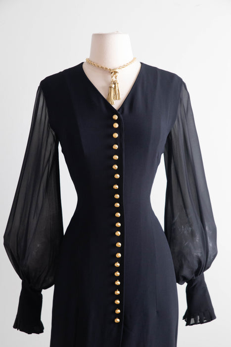 Late 80's Gianfranco Ferré Silk Dress with Sheer Bishop Sleeves & Gilt Buttons / SM
