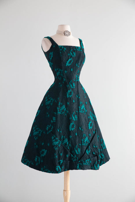 Fabulous 1950s Estevez Black & Emerald Textured Brocade Cocktail Dress / S