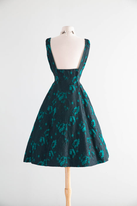 Fabulous 1950s Estevez Black & Emerald Textured Brocade Cocktail Dress / S