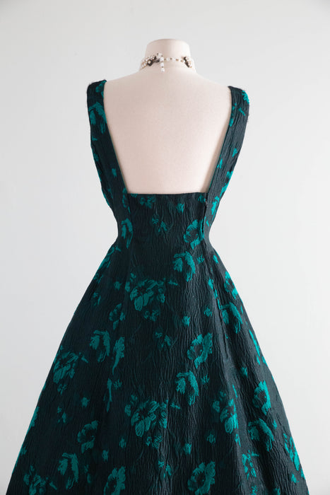 Fabulous 1950s Estevez Black & Emerald Textured Brocade Cocktail Dress / S