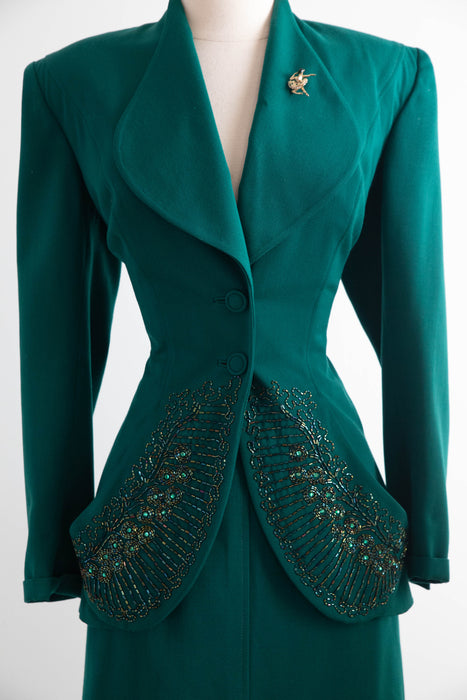 Rare 1940’s Emerald Green Gabardine Two Piece Suit Attributed to Lilli Ann / Small