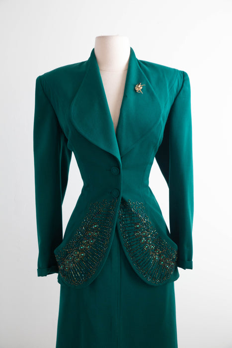 Rare 1940’s Emerald Green Gabardine Two Piece Suit Attributed to Lilli Ann / Small