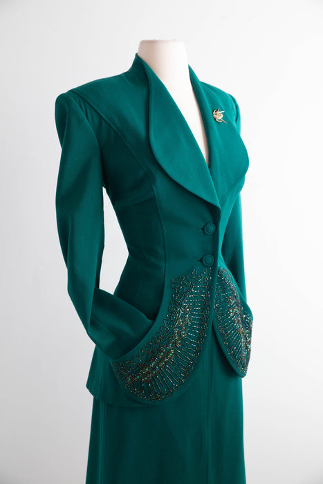 Rare 1940’s Emerald Green Gabardine Two Piece Suit Attributed to Lilli Ann / Small