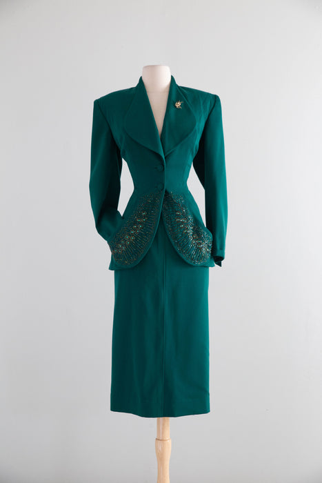 Rare 1940’s Emerald Green Gabardine Two Piece Suit Attributed to Lilli Ann / Small